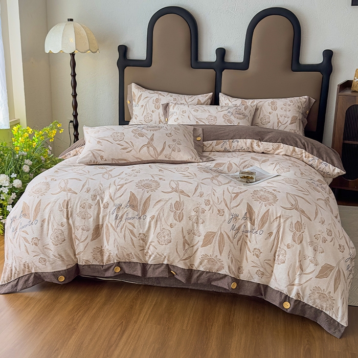 91家纺网 家纺一手货源 找家纺 丝芙妮家居（原乐视家纺） 2025新款原麻纽扣款四件套 叶新泽-咖·纽扣款