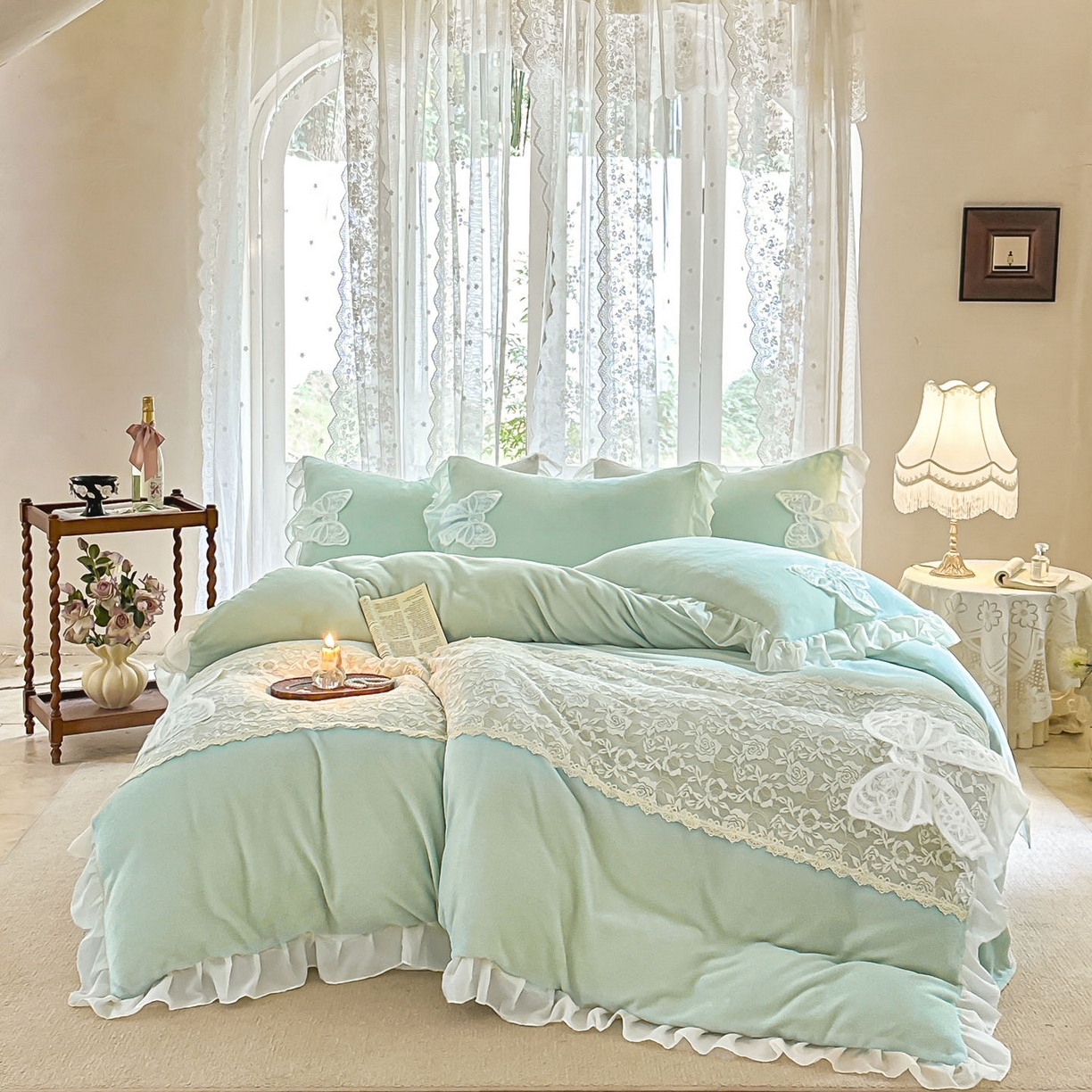 91家纺网 家纺一手货源 找家纺 （总）米可 2025新款立体蝴蝶结公主风牛奶绒蕾丝花边四件套-艾拉系列二