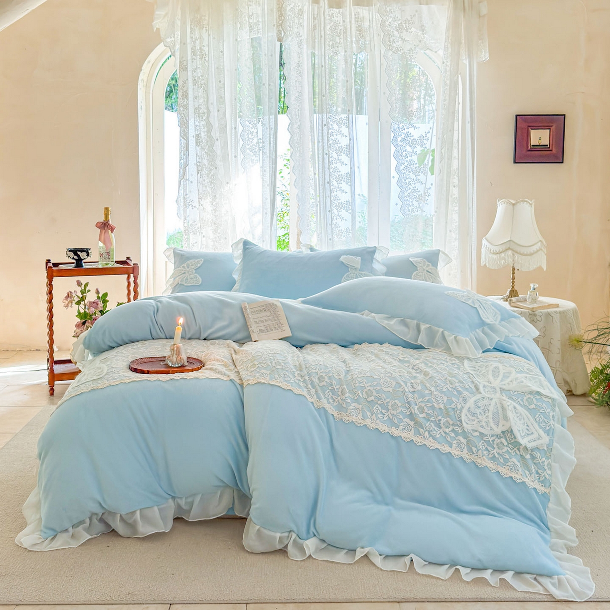 米可 2025新款立体蝴蝶结公主风牛奶绒蕾丝花边四件套-艾拉系列二 艾拉-浅蓝