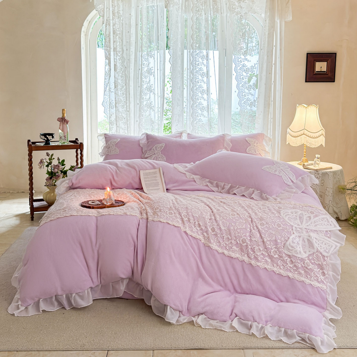 米可 2025新款立体蝴蝶结公主风牛奶绒蕾丝花边四件套-艾拉系列二 艾拉-浅紫