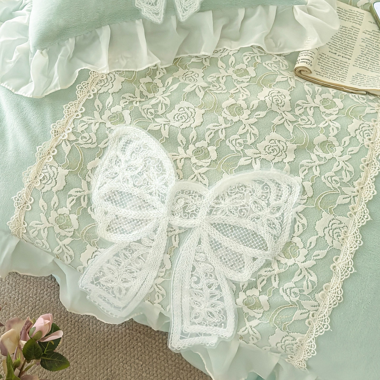 91家纺网 家纺一手货源 找家纺 米可 2025新款立体蝴蝶结公主风牛奶绒蕾丝花边四件套-艾拉系列二 艾拉-浅绿