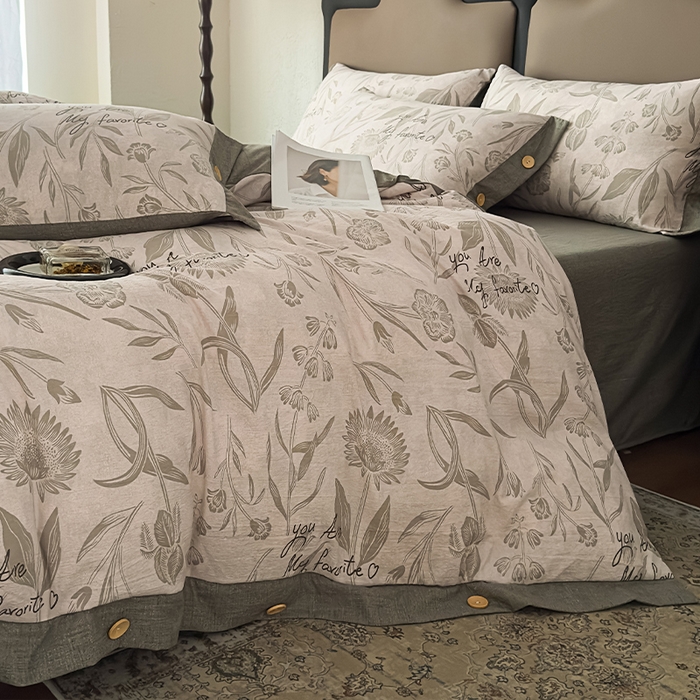 91家纺网 家纺一手货源 找家纺 丝芙妮家居（原乐视家纺） 2025新款原麻纽扣款四件套 叶新泽-绿·纽扣款