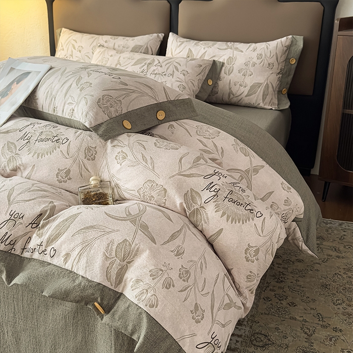 91家纺网 家纺一手货源 找家纺 丝芙妮家居（原乐视家纺） 2025新款原麻纽扣款四件套 叶新泽-绿·纽扣款