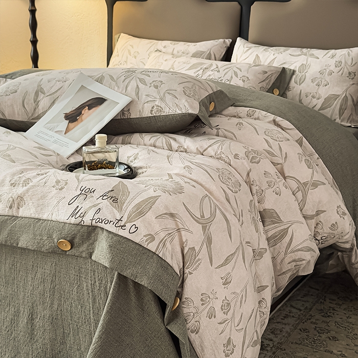 91家纺网 家纺一手货源 找家纺 丝芙妮家居（原乐视家纺） 2025新款原麻纽扣款四件套 叶新泽-绿·纽扣款