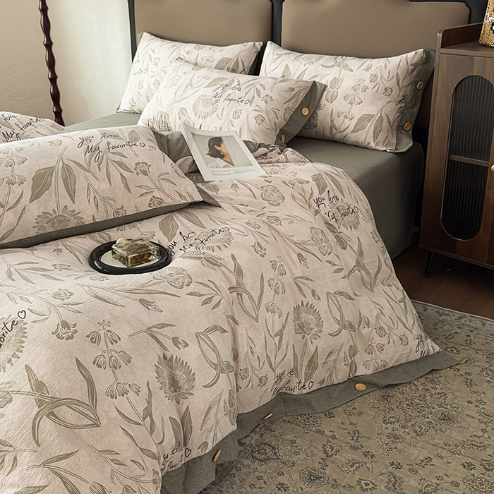 91家纺网 家纺一手货源 找家纺 丝芙妮家居（原乐视家纺） 2025新款原麻纽扣款四件套 叶新泽-绿·纽扣款