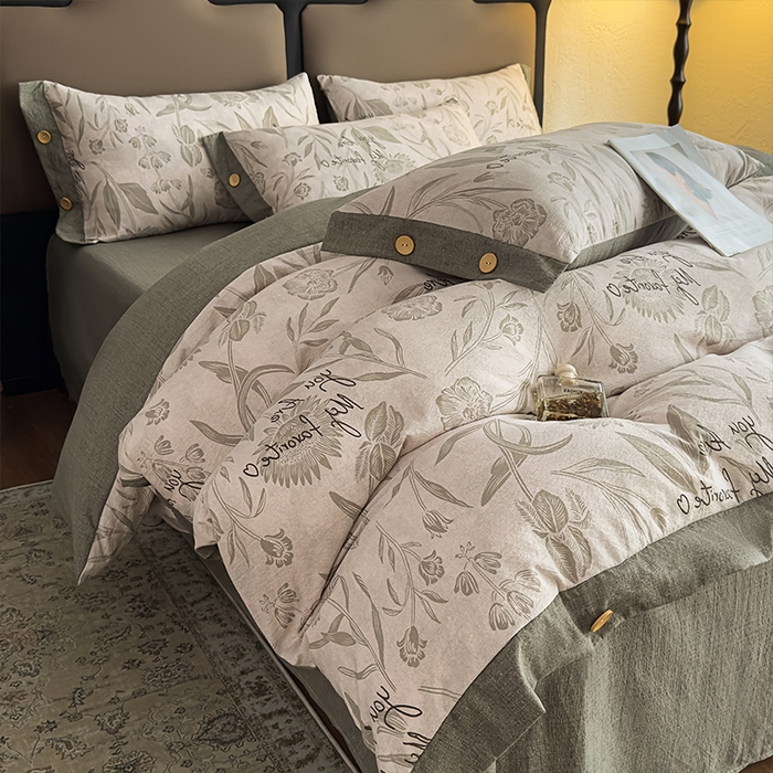 91家纺网 家纺一手货源 找家纺 丝芙妮家居（原乐视家纺） 2025新款原麻纽扣款四件套 叶新泽-绿·纽扣款