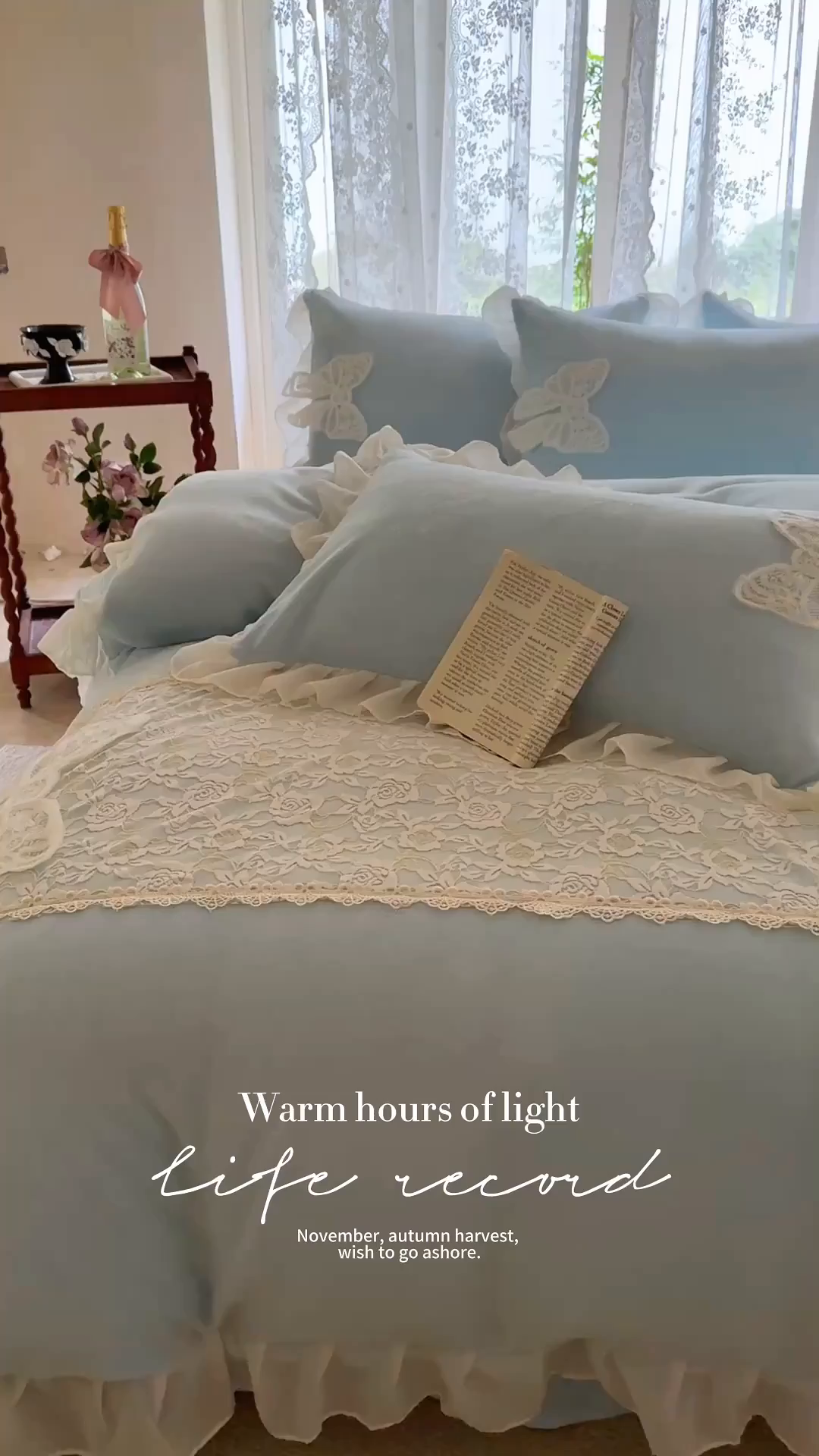 91家纺网 家纺一手货源 找家纺 米可 2025新款立体蝴蝶结公主风牛奶绒蕾丝花边四件套-艾拉系列二 艾拉-浅蓝