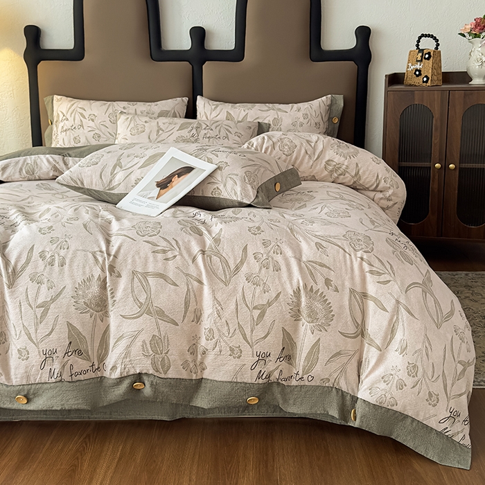 91家纺网 家纺一手货源 找家纺 丝芙妮家居（原乐视家纺） 2025新款原麻纽扣款四件套 叶新泽-绿·纽扣款