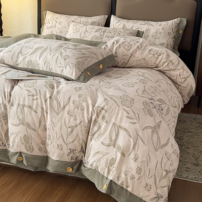 91家纺网 家纺一手货源 找家纺 丝芙妮家居（原乐视家纺） 2025新款原麻纽扣款四件套 叶新泽-绿·纽扣款