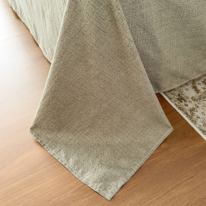 91家纺网 家纺一手货源 找家纺 丝芙妮家居（原乐视家纺） 2025新款原麻纽扣款四件套 叶新泽-绿·纽扣款