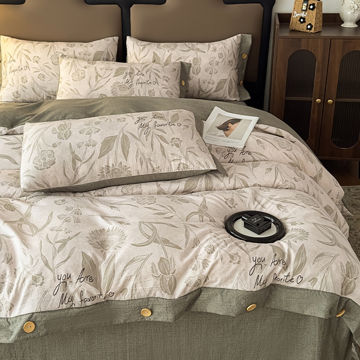 91家纺网 家纺一手货源 找家纺 丝芙妮家居（原乐视家纺） 2025新款原麻纽扣款四件套 叶新泽-绿·纽扣款