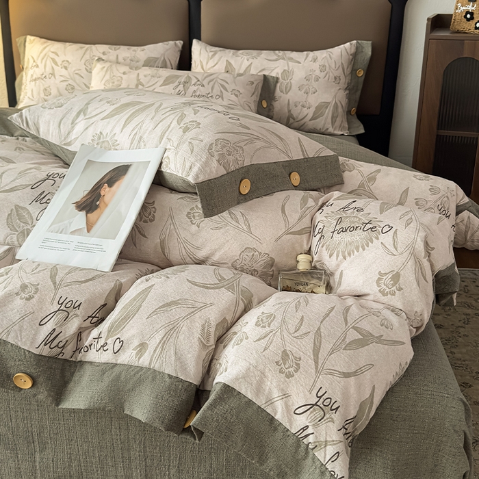 91家纺网 家纺一手货源 找家纺 丝芙妮家居（原乐视家纺） 2025新款原麻纽扣款四件套 叶新泽-绿·纽扣款