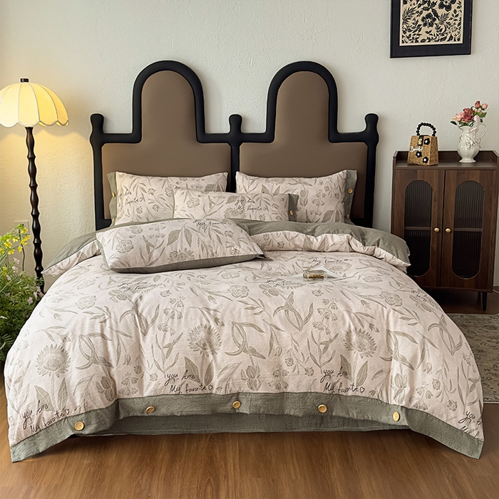 91家纺网 家纺一手货源 找家纺 丝芙妮家居（原乐视家纺） 2025新款原麻纽扣款四件套 叶新泽-绿·纽扣款