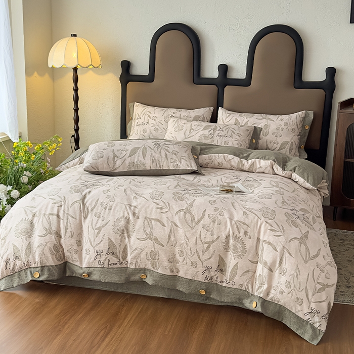 91家纺网 家纺一手货源 找家纺 丝芙妮家居（原乐视家纺） 2025新款原麻纽扣款四件套 叶新泽-绿·纽扣款