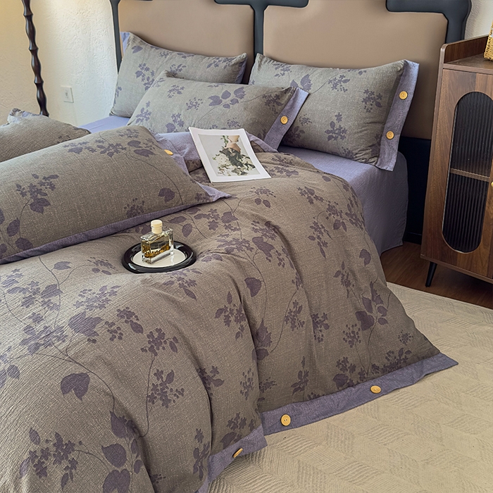 91家纺网 家纺一手货源 找家纺 丝芙妮家居（原乐视家纺） 2025新款原麻纽扣款四件套 夜色未央·纽扣款