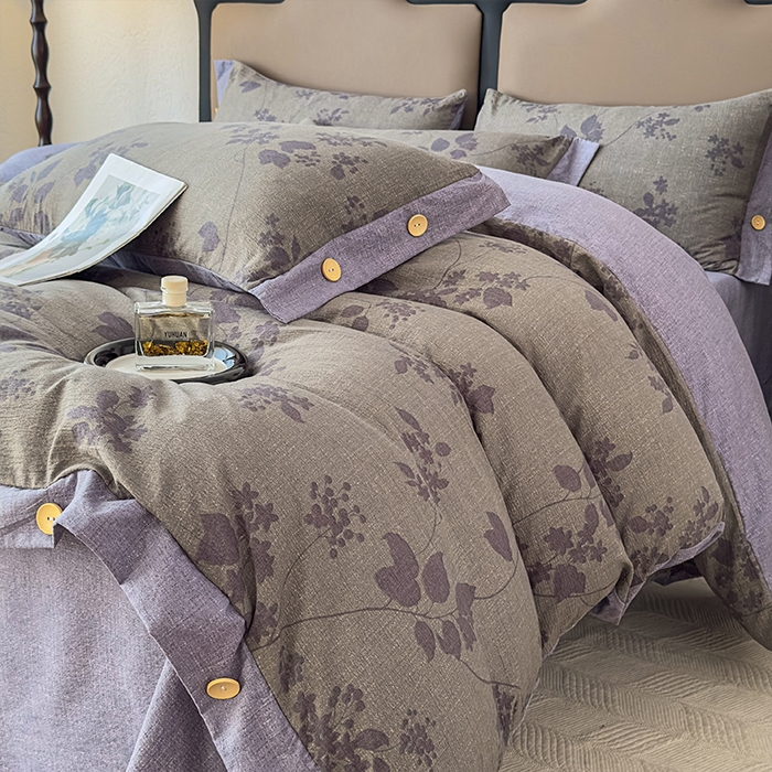 91家纺网 家纺一手货源 找家纺 丝芙妮家居（原乐视家纺） 2025新款原麻纽扣款四件套 夜色未央·纽扣款