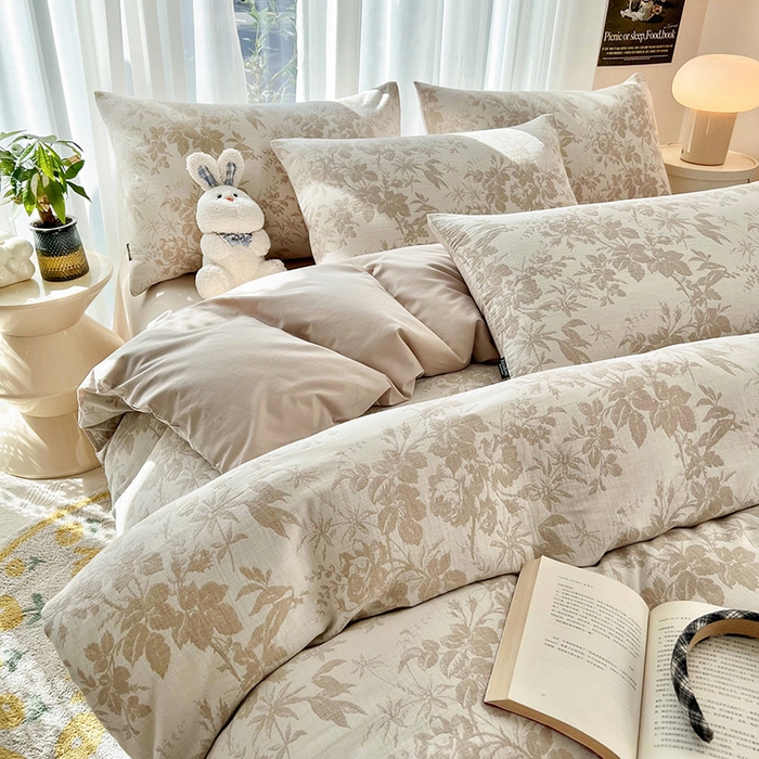 91家纺网 家纺一手货源 找家纺 宜代光年 2025新款60s水洗棉提花系列四件套-第一批-场景二 繁花-咖