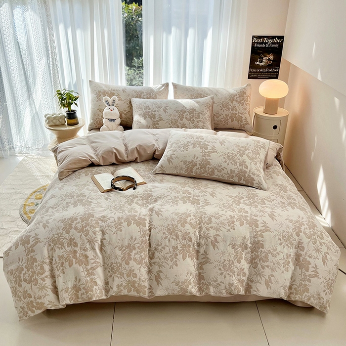 91家纺网 家纺一手货源 找家纺 宜代光年 2025新款60s水洗棉提花系列四件套-第一批-场景二 繁花-咖