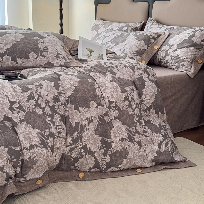 91家纺网 家纺一手货源 找家纺 丝芙妮家居（原乐视家纺） 2025新款原麻纽扣款四件套 萤野·纽扣款