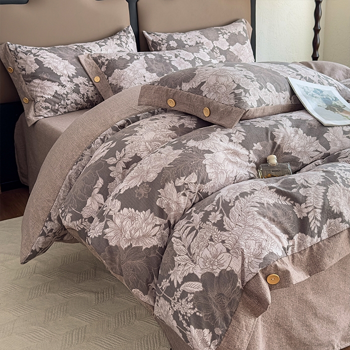 91家纺网 家纺一手货源 找家纺 丝芙妮家居（原乐视家纺） 2025新款原麻纽扣款四件套 萤野·纽扣款