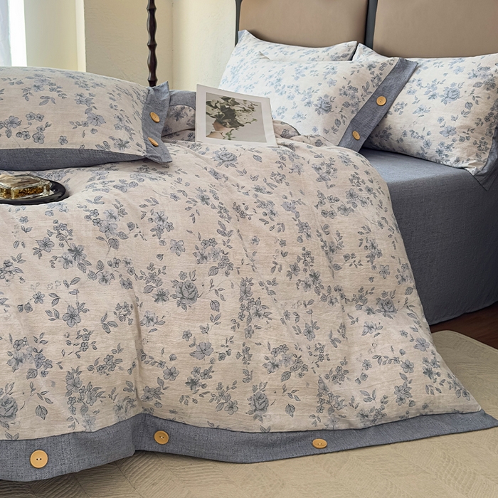 91家纺网 家纺一手货源 找家纺 丝芙妮家居（原乐视家纺） 2025新款原麻纽扣款四件套 庄生晓梦·纽扣款