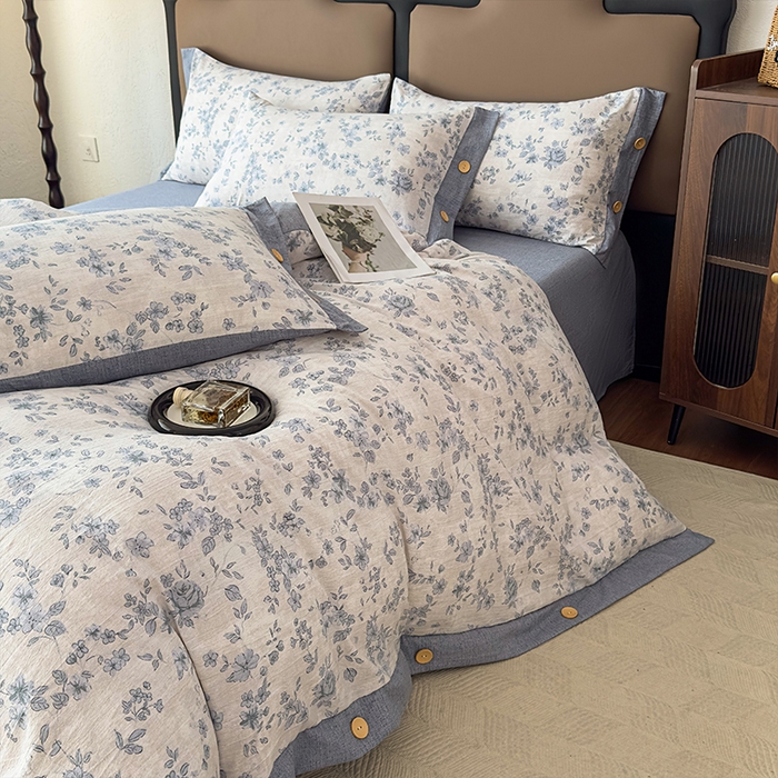 91家纺网 家纺一手货源 找家纺 丝芙妮家居（原乐视家纺） 2025新款原麻纽扣款四件套 庄生晓梦·纽扣款