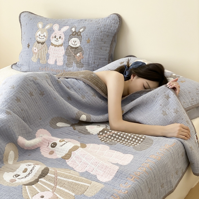 91家纺网 家纺一手货源 找家纺 麻依 2025新款软萌纱布床盖三件套（控价：229元） 伙伴拉布