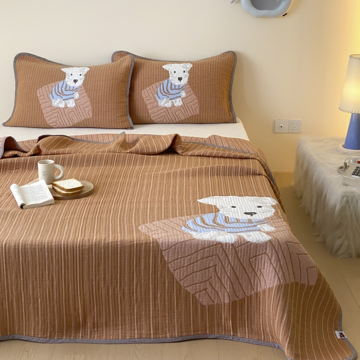 91家纺网 家纺一手货源 找家纺 麻依 2025新款软萌纱布床盖三件套（控价：229元） 西单小狗