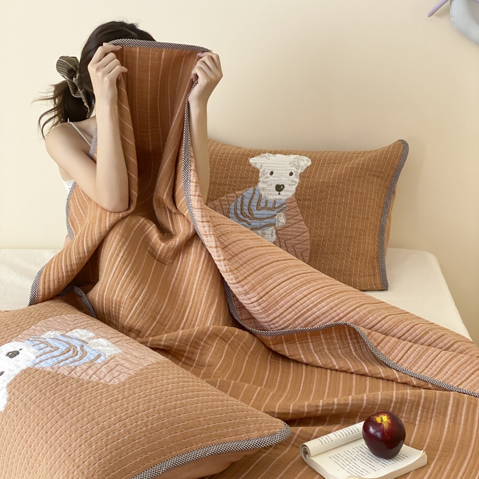 91家纺网 家纺一手货源 找家纺 麻依 2025新款软萌纱布床盖三件套（控价：229元） 西单小狗