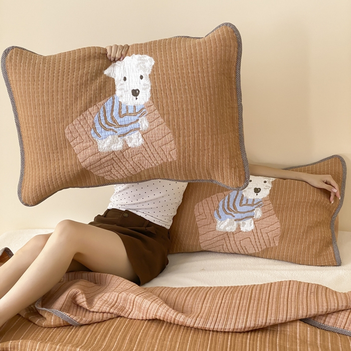 91家纺网 家纺一手货源 找家纺 麻依 2025新款软萌纱布床盖三件套（控价：229元） 西单小狗