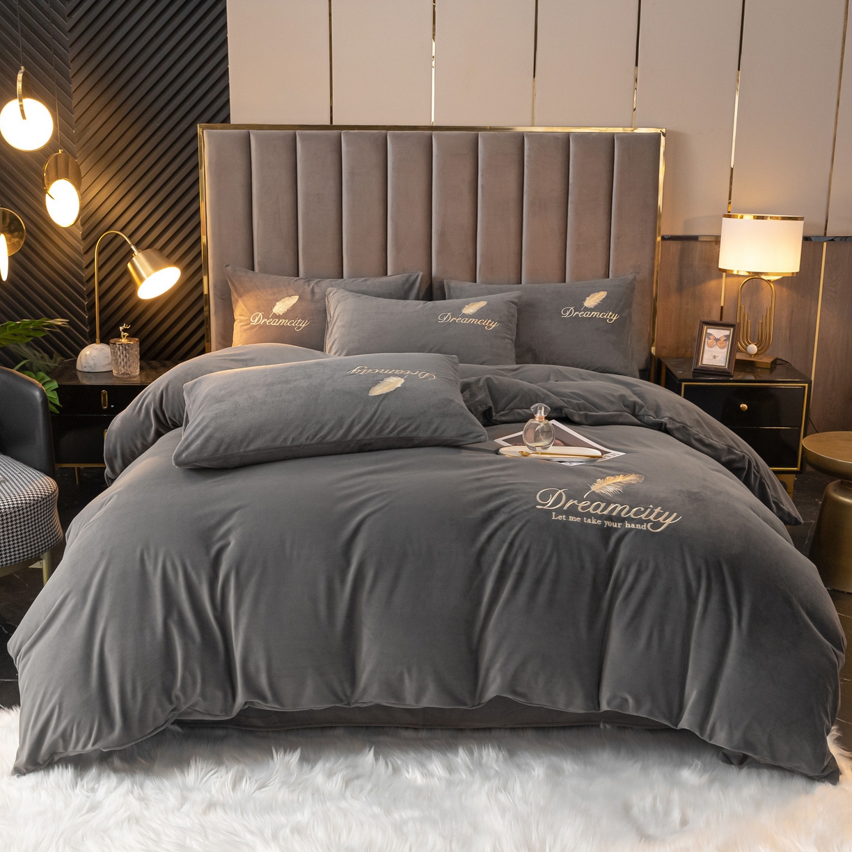 91家纺网 家纺一手货源 找家纺 如一 2025新款水晶绒刺绣四件套 轻羽-高级灰