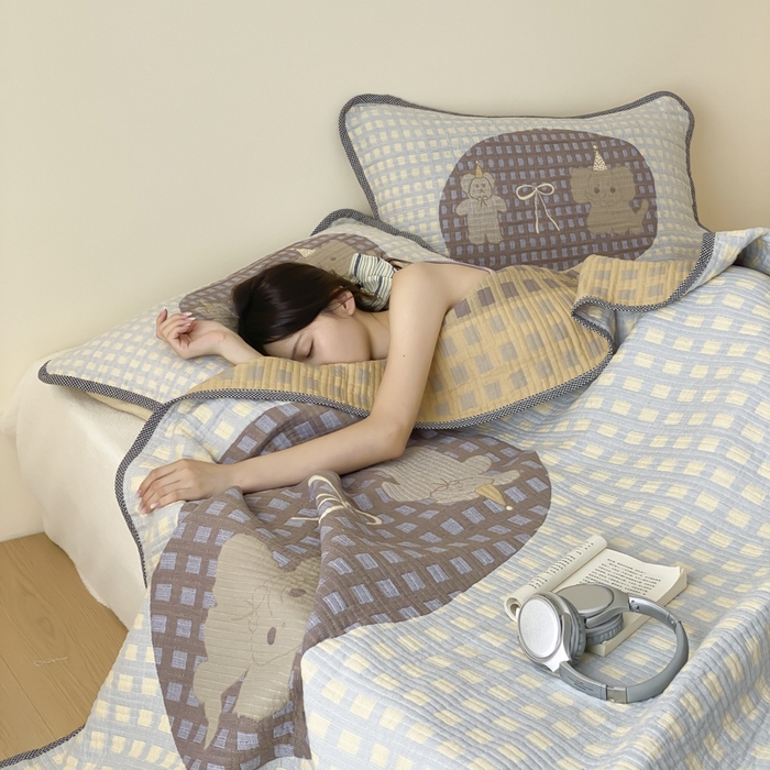 91家纺网 家纺一手货源 找家纺 麻依 2025新款软萌纱布床盖三件套（控价：229元） 小熊小象