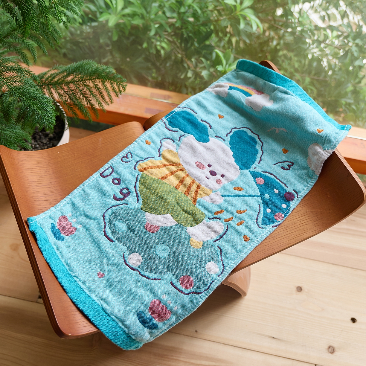 91家纺网 家纺一手货源 找家纺 沐瑟家纺 2025新款全棉纱布儿童卡通小毛巾 彩虹狗 25*50cm/条