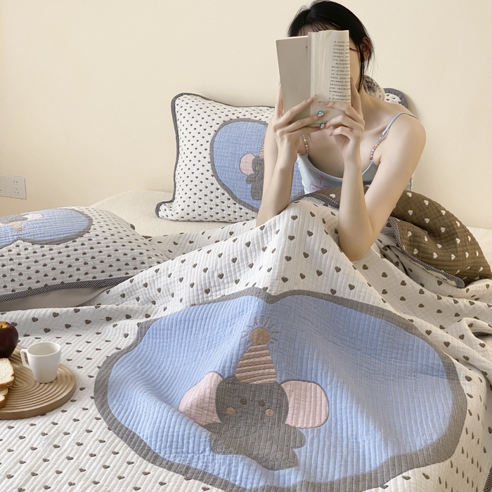 91家纺网 家纺一手货源 找家纺 麻依 2025新款软萌纱布床盖三件套（控价：229元） 心心小象