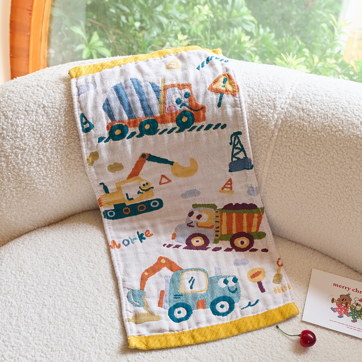 91家纺网 家纺一手货源 找家纺 沐瑟家纺 2025新款全棉纱布儿童卡通小毛巾 工程车 25*50cm/条