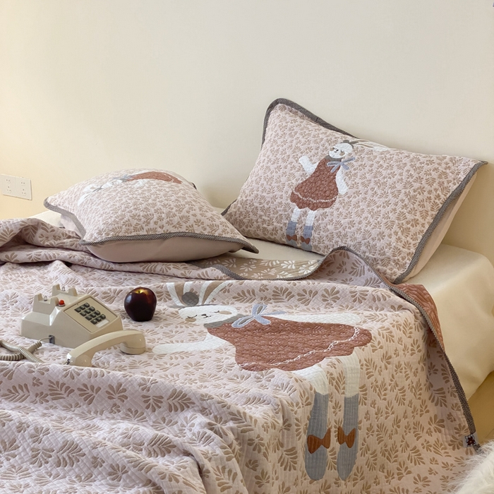 91家纺网 家纺一手货源 找家纺 麻依 2025新款软萌纱布床盖三件套（控价：229元） 许愿小兔