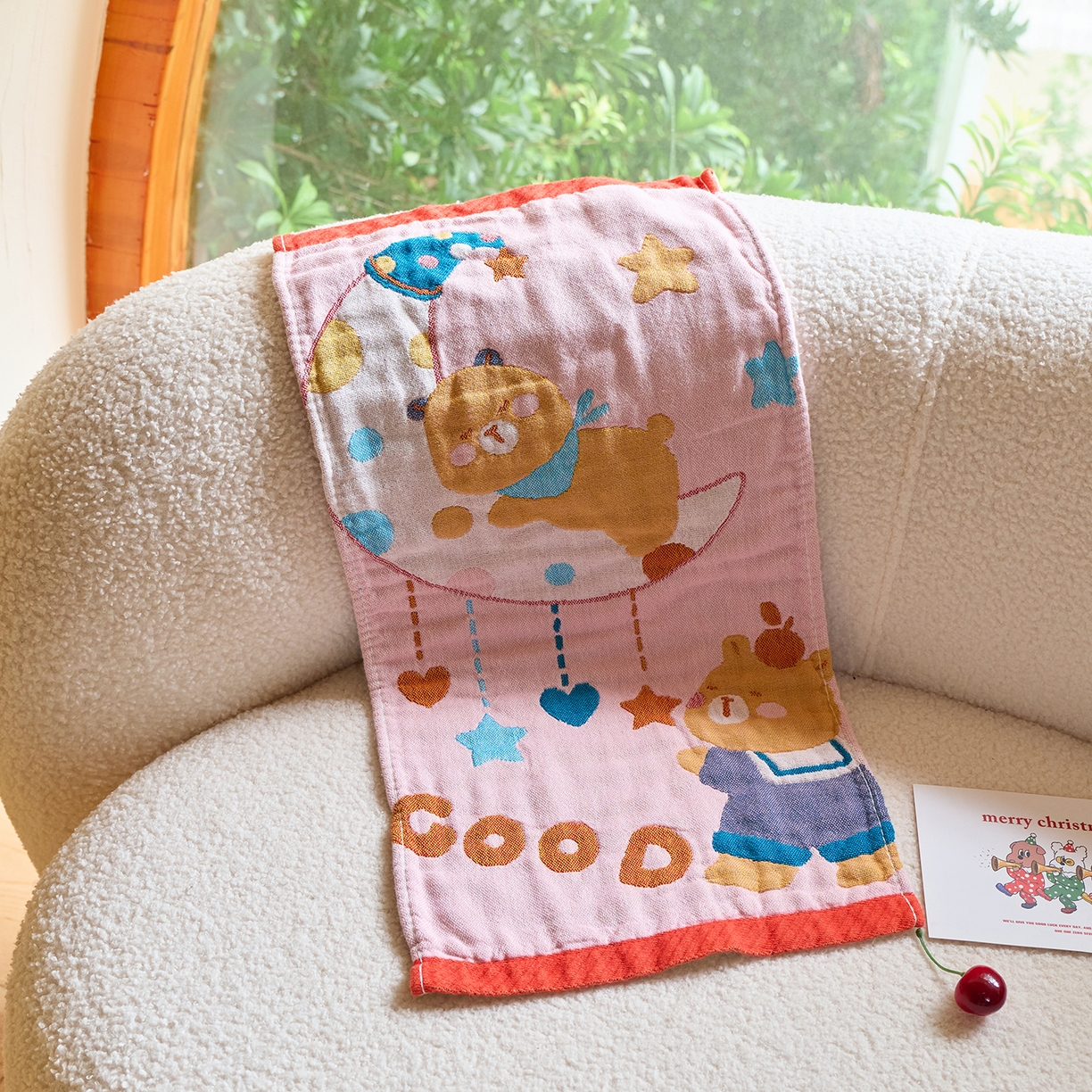 91家纺网 家纺一手货源 找家纺 沐瑟家纺 2025新款全棉纱布儿童卡通小毛巾 晚安熊 25*50cm/条