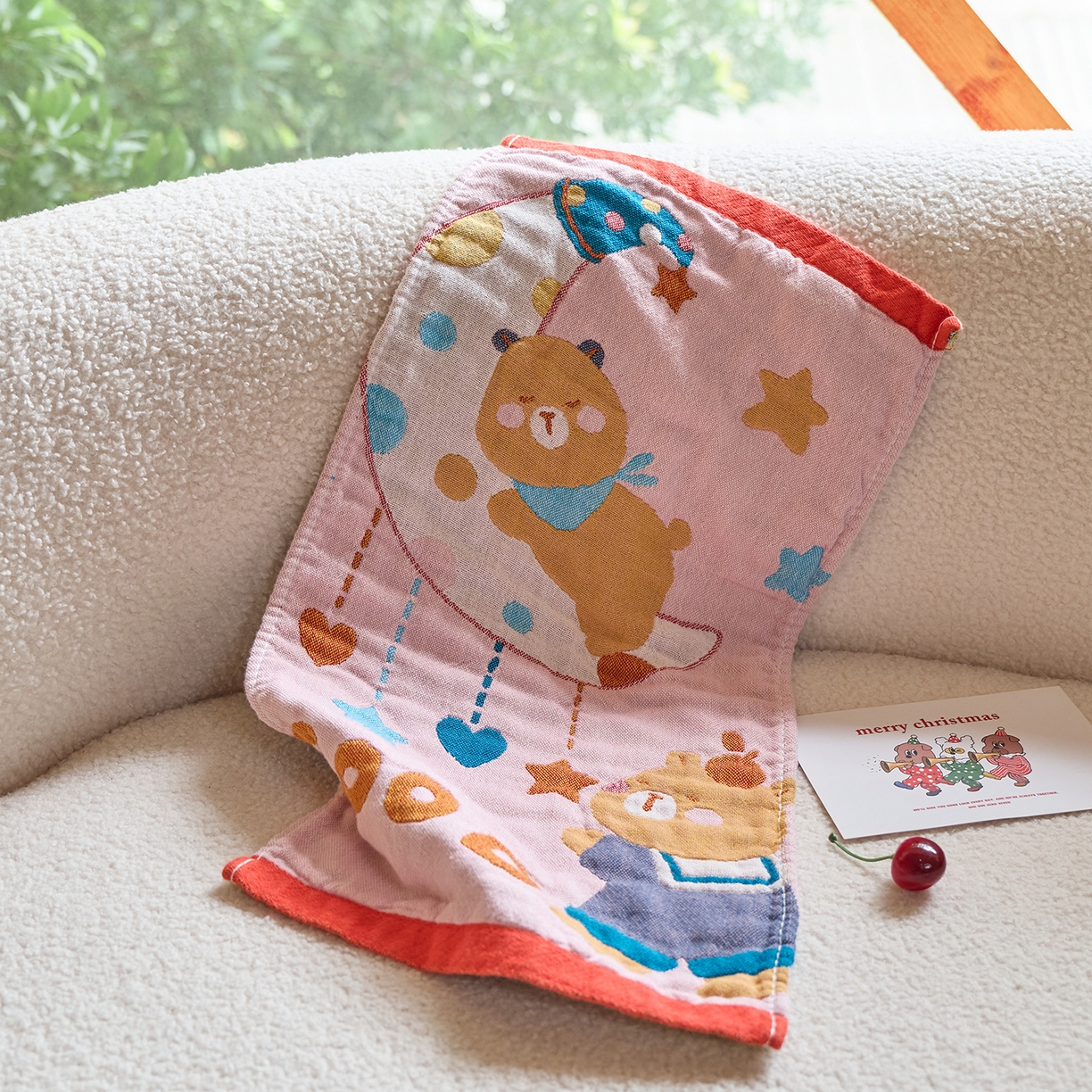 91家纺网 家纺一手货源 找家纺 沐瑟家纺 2025新款全棉纱布儿童卡通小毛巾 晚安熊 25*50cm/条