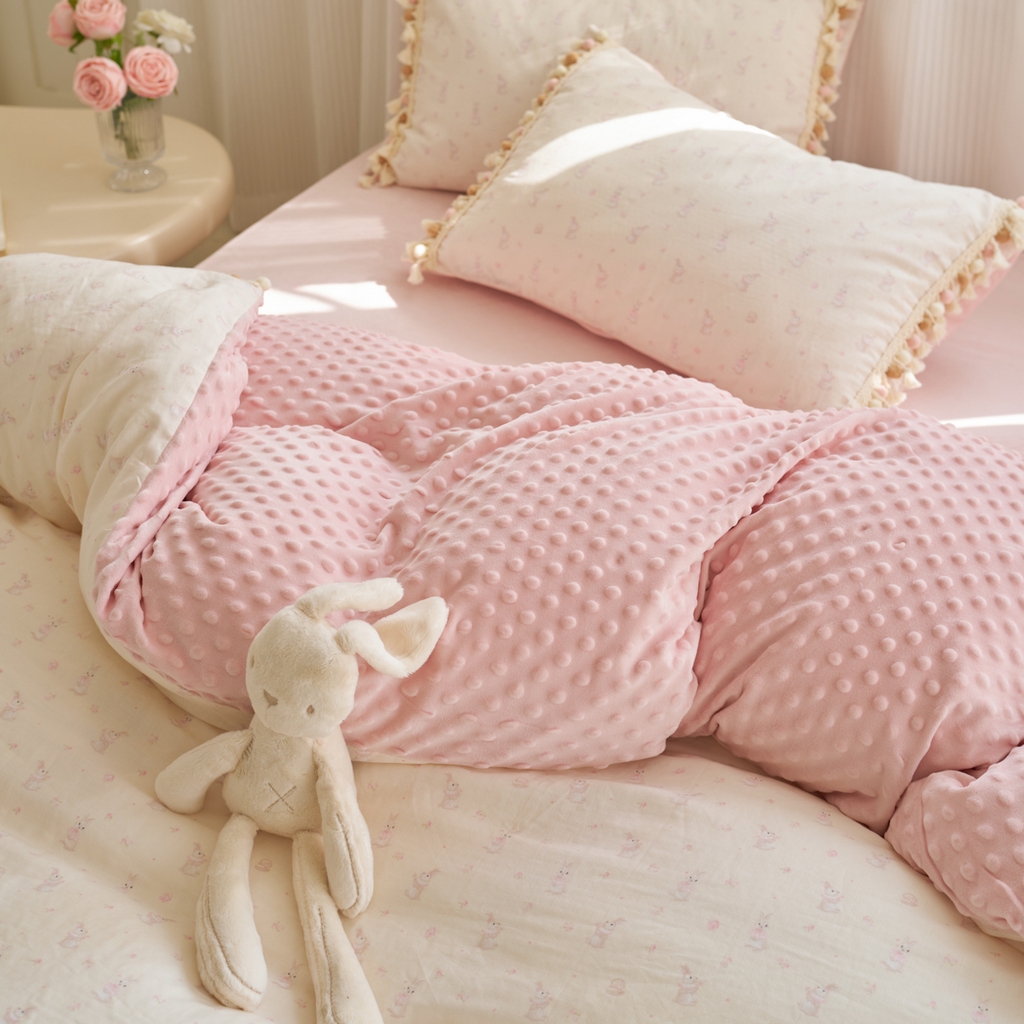 91家纺网 家纺一手货源 找家纺 （总）洋铭区（原狠狠爱） 2025秋冬彩球双层纱+豆豆绒四件套系列