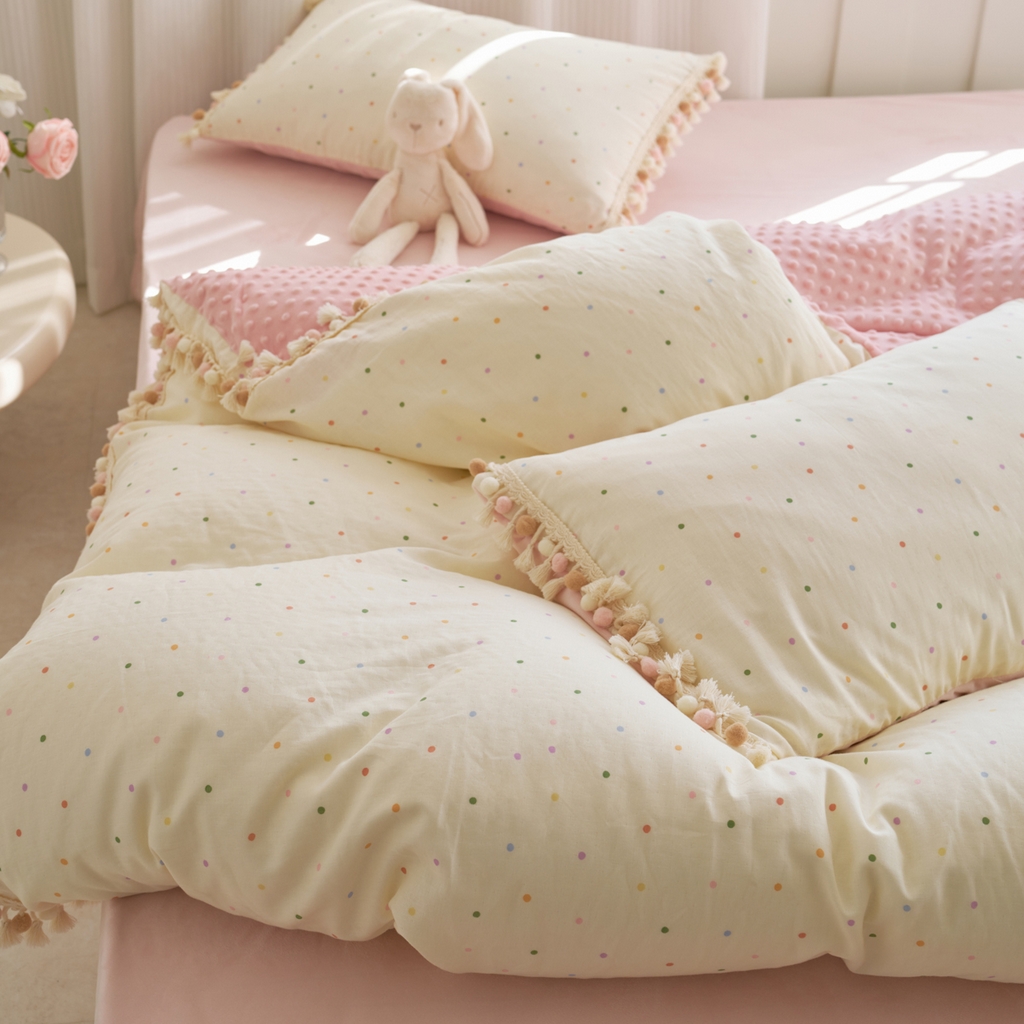 91家纺网 家纺一手货源 找家纺 洋铭区（原狠狠爱） 2025秋冬彩球双层纱+豆豆绒四件套系列 小米彩点