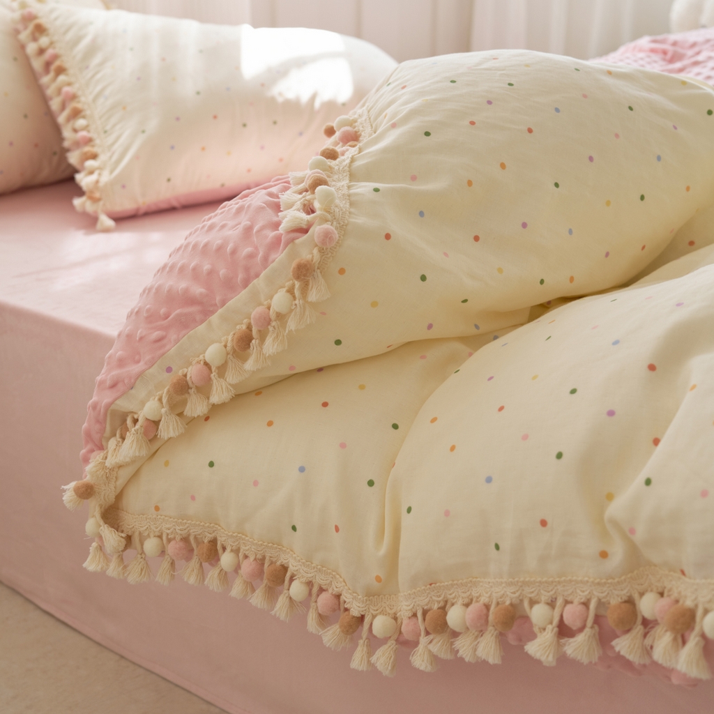 91家纺网 家纺一手货源 找家纺 洋铭区（原狠狠爱） 2025秋冬彩球双层纱+豆豆绒四件套系列 小米彩点