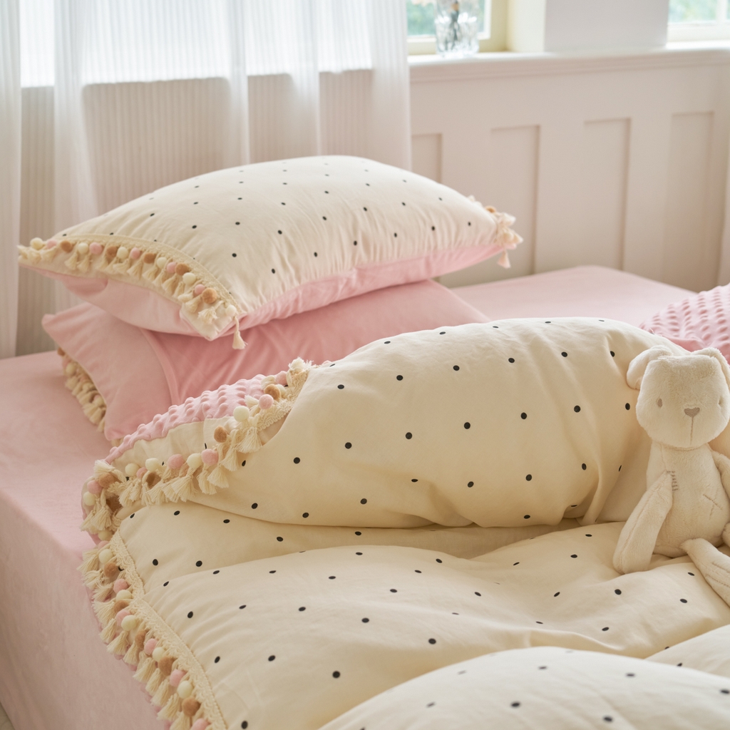 91家纺网 家纺一手货源 找家纺 洋铭区（原狠狠爱） 2025秋冬彩球双层纱+豆豆绒四件套系列 小米黑点