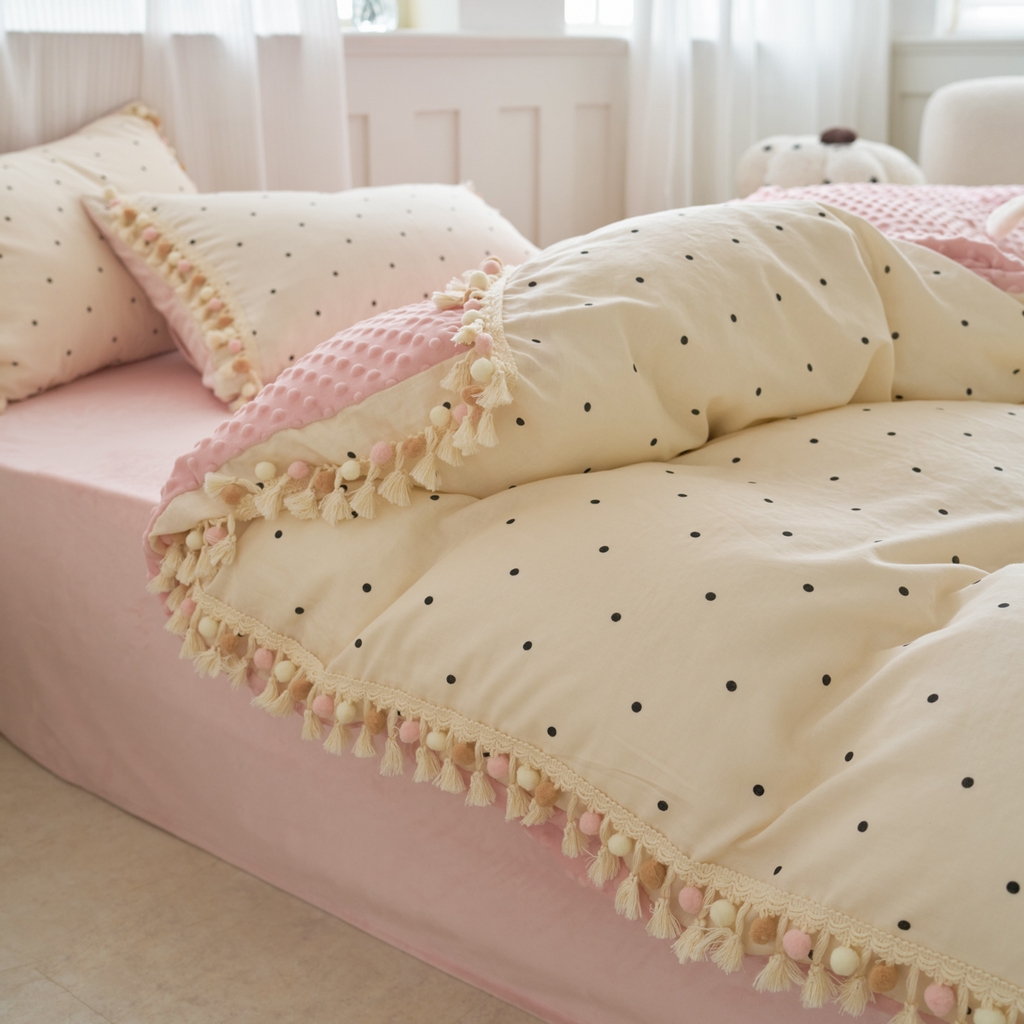 91家纺网 家纺一手货源 找家纺 洋铭区（原狠狠爱） 2025秋冬彩球双层纱+豆豆绒四件套系列 小米黑点