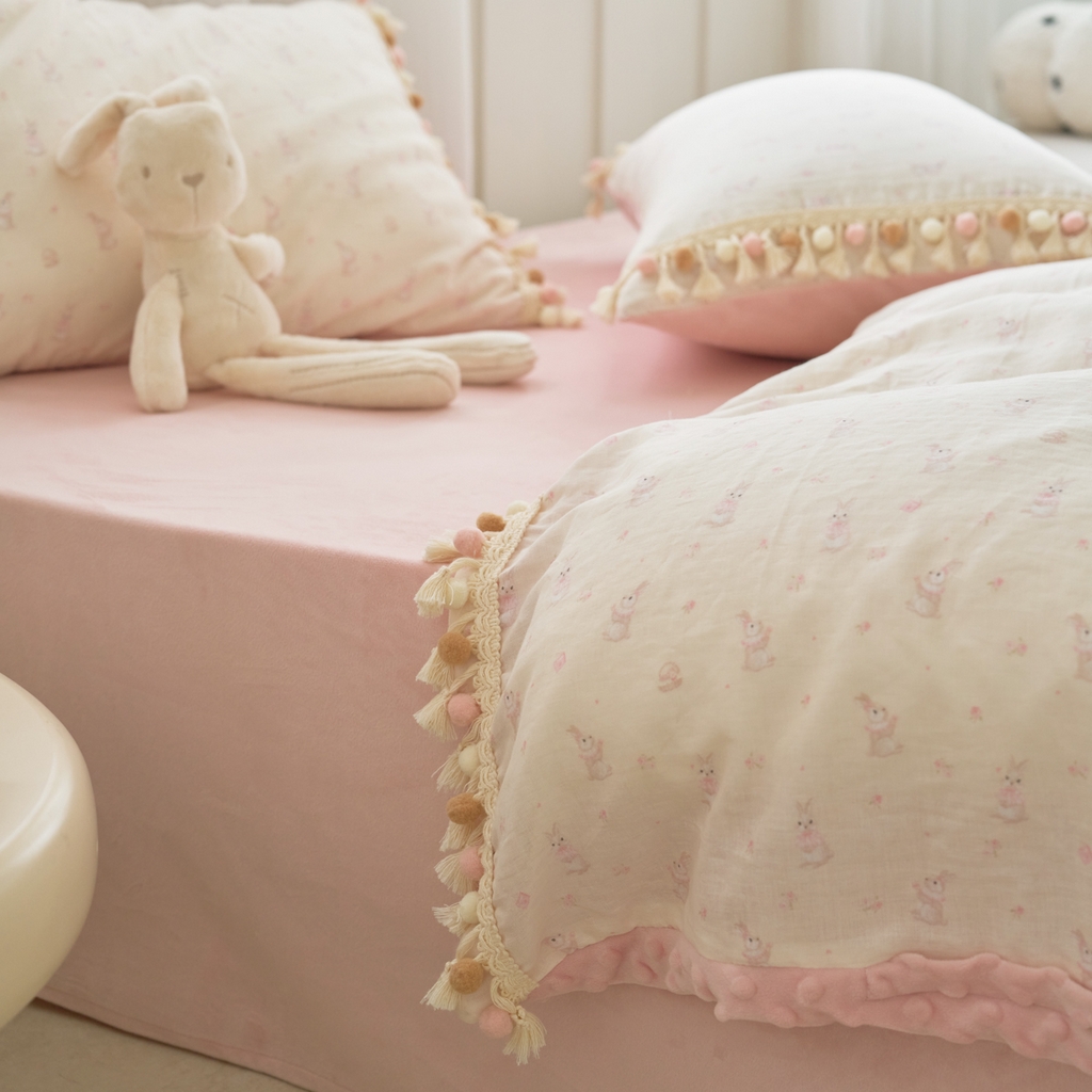 91家纺网 家纺一手货源 找家纺 洋铭区（原狠狠爱） 2025秋冬彩球双层纱+豆豆绒四件套系列 布蕾粉兔