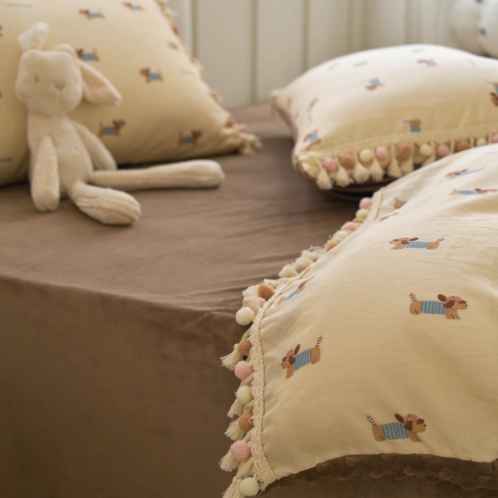 91家纺网 家纺一手货源 找家纺 洋铭区（原狠狠爱） 2025秋冬彩球双层纱+豆豆绒四件套系列 软萌小狗