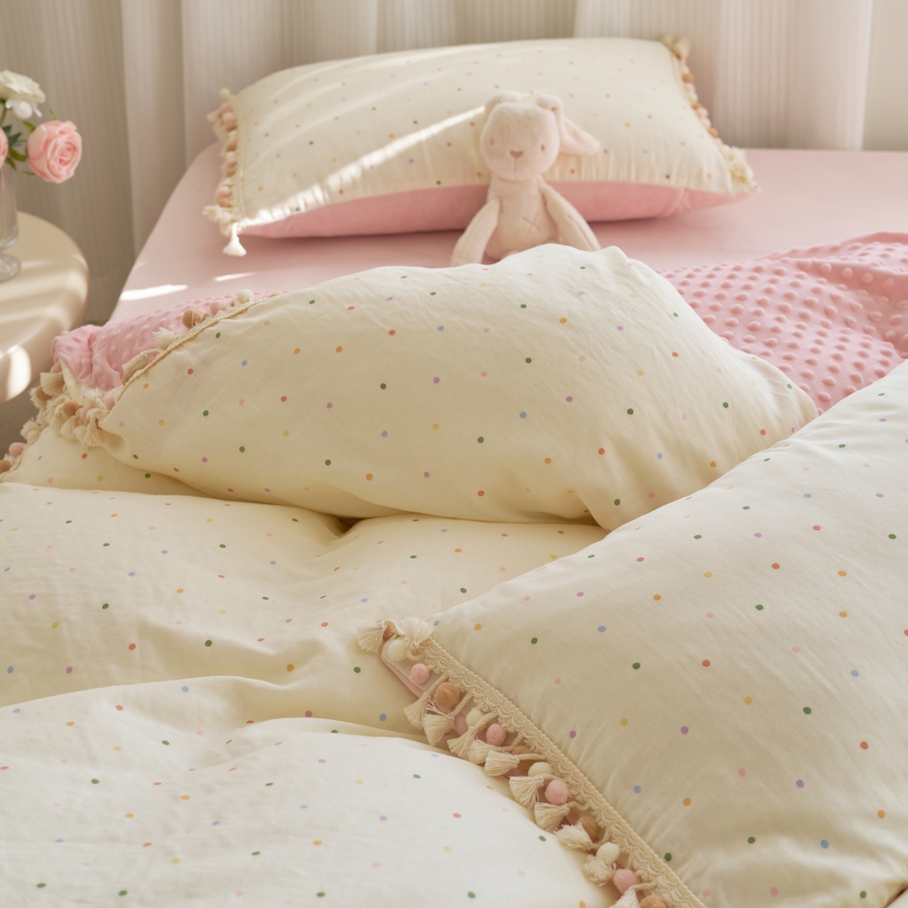 91家纺网 家纺一手货源 找家纺 洋铭区（原狠狠爱） 2025秋冬彩球双层纱+豆豆绒四件套系列 小米彩点