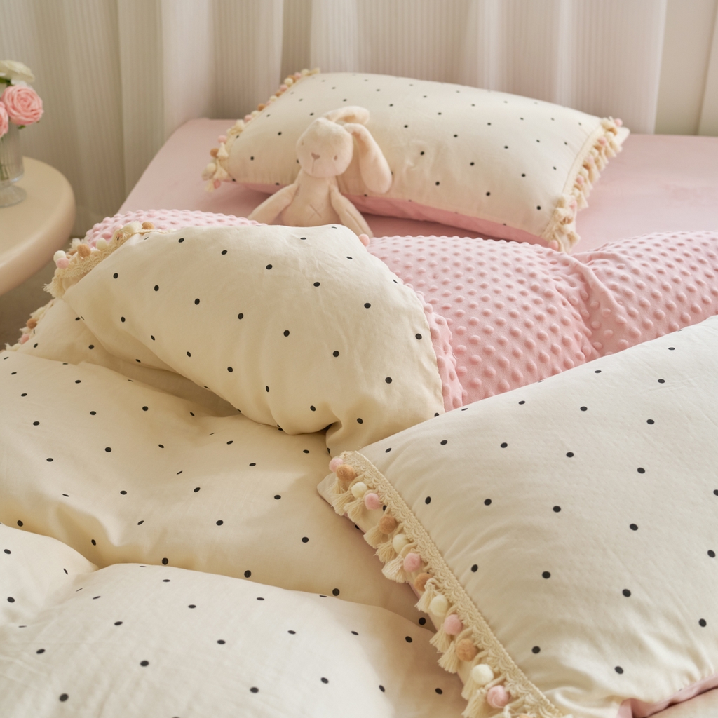 91家纺网 家纺一手货源 找家纺 洋铭区（原狠狠爱） 2025秋冬彩球双层纱+豆豆绒四件套系列 小米黑点