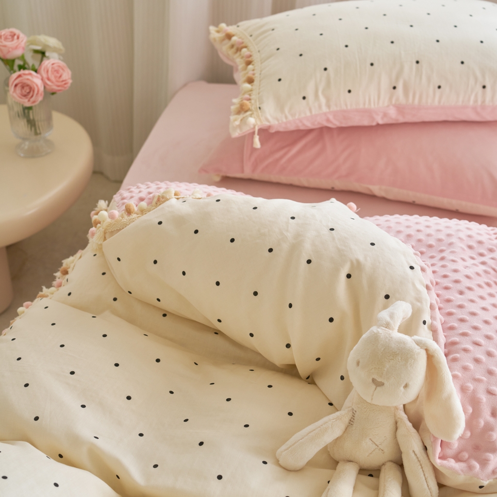 91家纺网 家纺一手货源 找家纺 洋铭区（原狠狠爱） 2025秋冬彩球双层纱+豆豆绒四件套系列 小米黑点