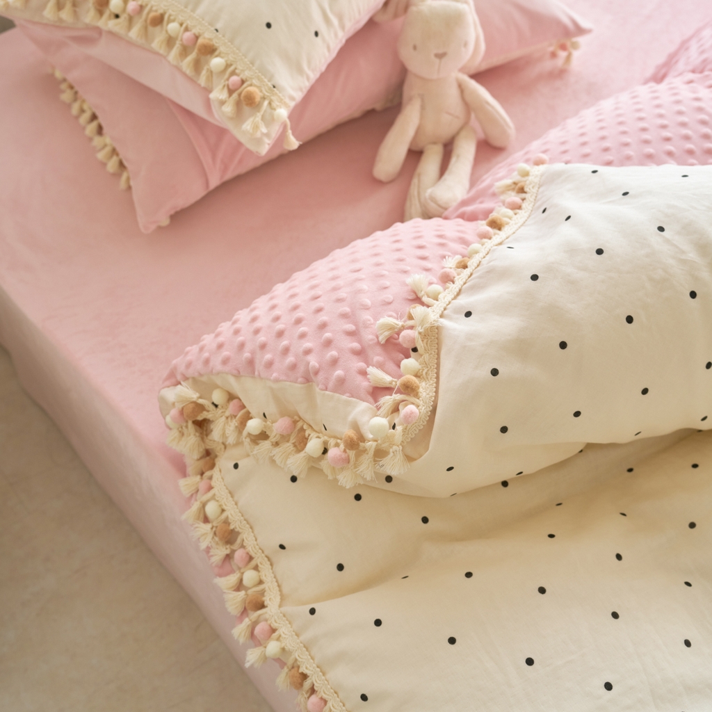 91家纺网 家纺一手货源 找家纺 洋铭区（原狠狠爱） 2025秋冬彩球双层纱+豆豆绒四件套系列 小米黑点