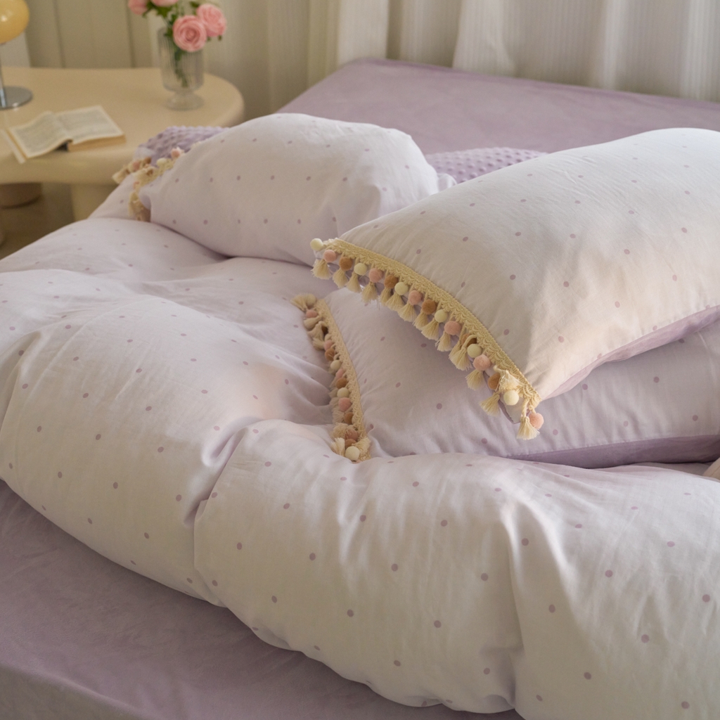 91家纺网 家纺一手货源 找家纺 洋铭区（原狠狠爱） 2025秋冬彩球双层纱+豆豆绒四件套系列 小米紫点